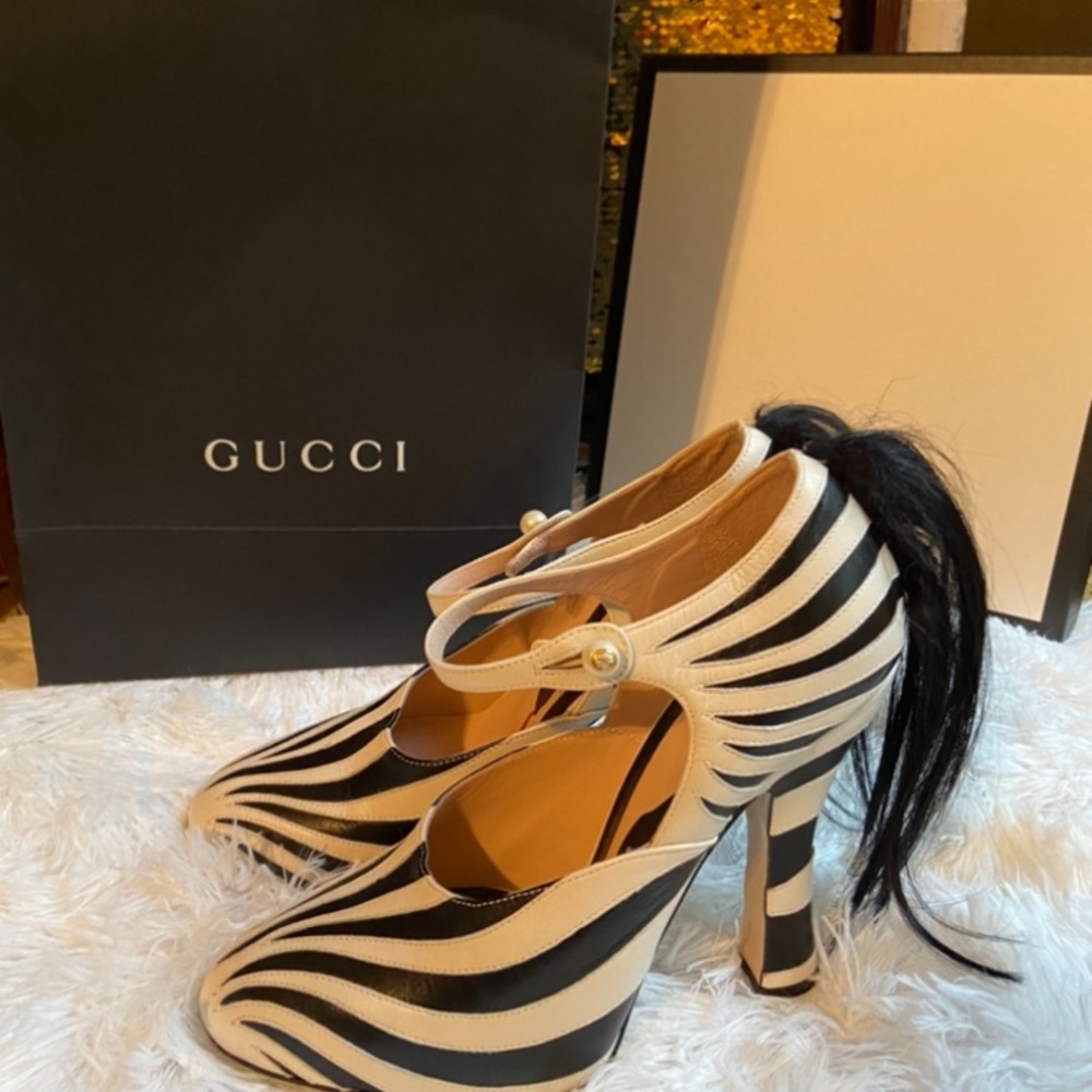 Gucci Lesley Zebra Leather and Fur Pumps